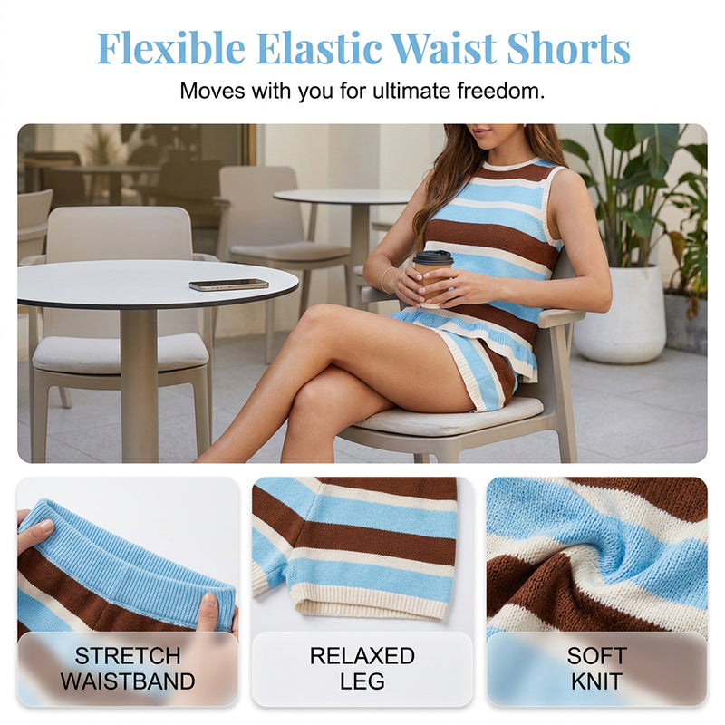 Gestreiftes Strick Zweiteiler Set für Damen – Ärmelloses Peplum Top + passende Shorts für Zuhause & Stadtbummel