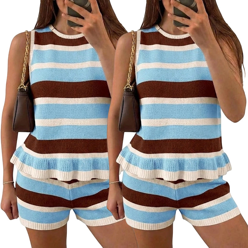 Gestreiftes Strick Zweiteiler Set für Damen – Ärmelloses Peplum Top + passende Shorts für Zuhause & Stadtbummel