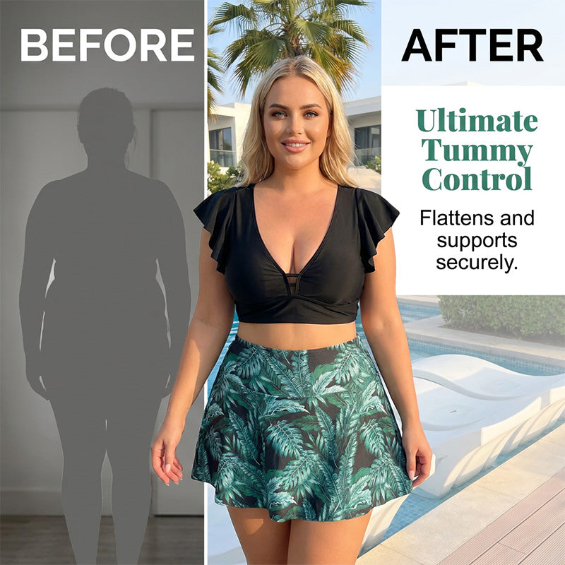 👙 Plus-Size Zweiteiler Swimdress ✨ Figurformender Bikini-Rock mit tropischem Print & Rüschenärmeln