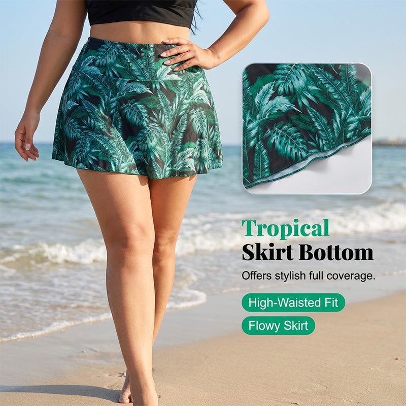 👙 Plus-Size Zweiteiler Swimdress ✨ Figurformender Bikini-Rock mit tropischem Print & Rüschenärmeln