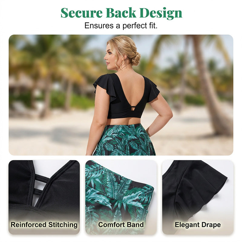 👙 Plus-Size Zweiteiler Swimdress ✨ Figurformender Bikini-Rock mit tropischem Print & Rüschenärmeln