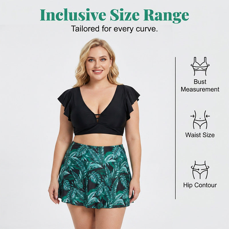 👙 Plus-Size Zweiteiler Swimdress ✨ Figurformender Bikini-Rock mit tropischem Print & Rüschenärmeln