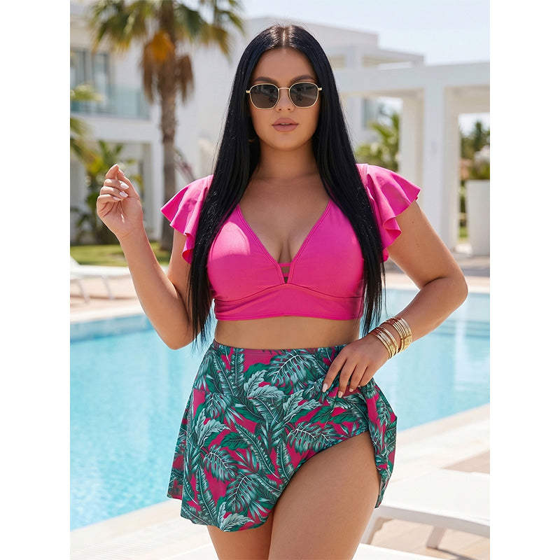 👙 Plus-Size Zweiteiler Swimdress ✨ Figurformender Bikini-Rock mit tropischem Print & Rüschenärmeln