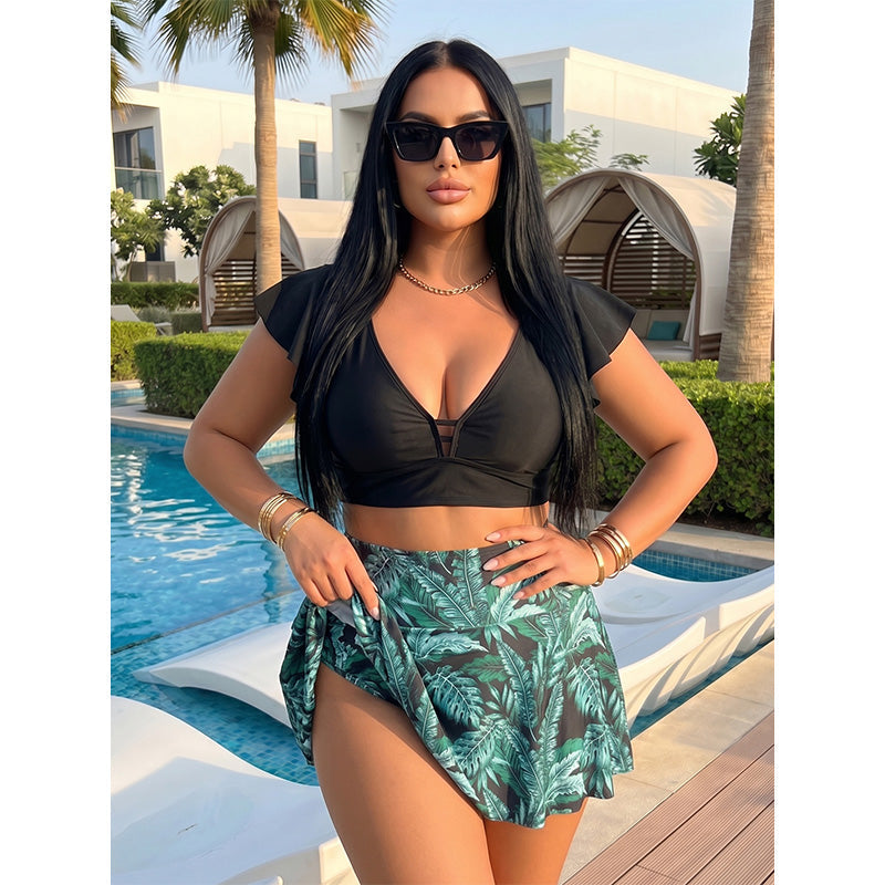 👙 Plus-Size Zweiteiler Swimdress ✨ Figurformender Bikini-Rock mit tropischem Print & Rüschenärmeln