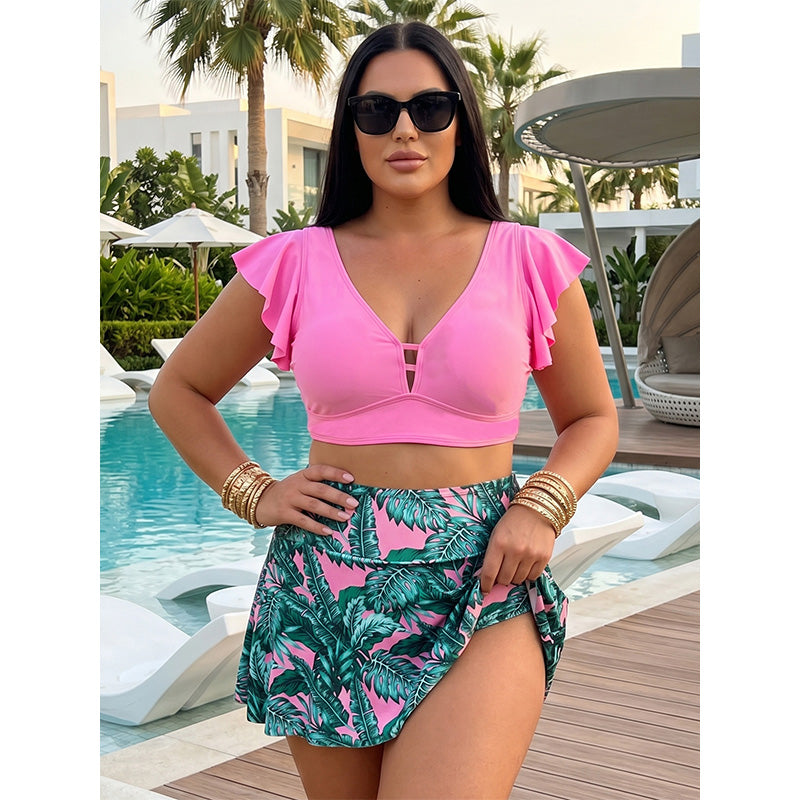 👙 Plus-Size Zweiteiler Swimdress ✨ Figurformender Bikini-Rock mit tropischem Print & Rüschenärmeln