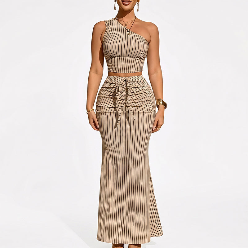 👗 Zweiteiler-Set mit Asymmetrie-Top & Maxirock ✨ Gestreiftes elegant Outfit für Partys, Dates & besondere Anlässe