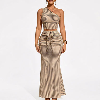 👗 Zweiteiler-Set mit Asymmetrie-Top & Maxirock ✨ Gestreiftes elegant Outfit für Partys, Dates & besondere Anlässe
