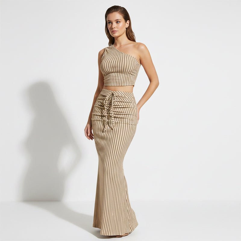 👗 Zweiteiler-Set mit Asymmetrie-Top & Maxirock ✨ Gestreiftes elegant Outfit für Partys, Dates & besondere Anlässe