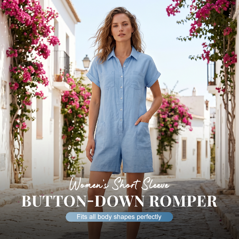💙 Damen Kurzarm Knopf Jumpsuit ✨ Leichter Hemd-Stil Overall mit Taschen für Sommer Alltag & Urlaub