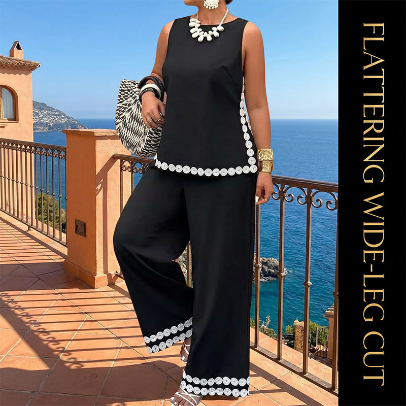 ✨ Elegantes Zweiteiler-Set mit Spitzenbesatz ✨ Ärmelloses Top & Wide-Leg-Hose für Sommer, Urlaub & besondere Anlässe