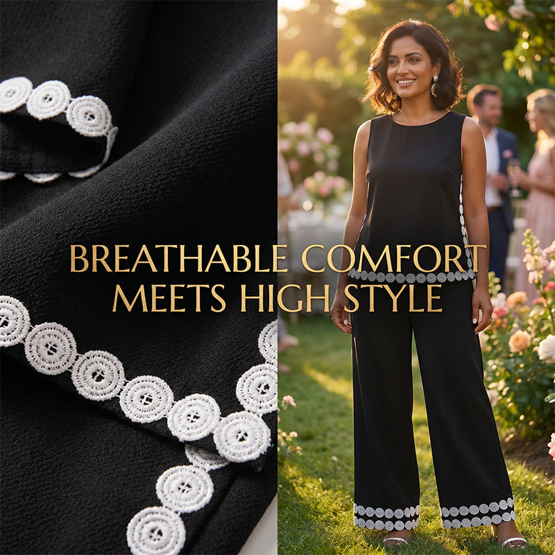 ✨ Elegantes Zweiteiler-Set mit Spitzenbesatz ✨ Ärmelloses Top & Wide-Leg-Hose für Sommer, Urlaub & besondere Anlässe