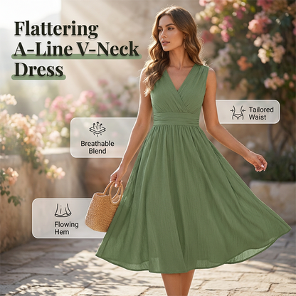 💚 Elegantes ärmelloses V-Ausschnitt A-Linien Kleid ✨ Sommerliches Midi-Kleid mit Taillenbund für einen femininen Look