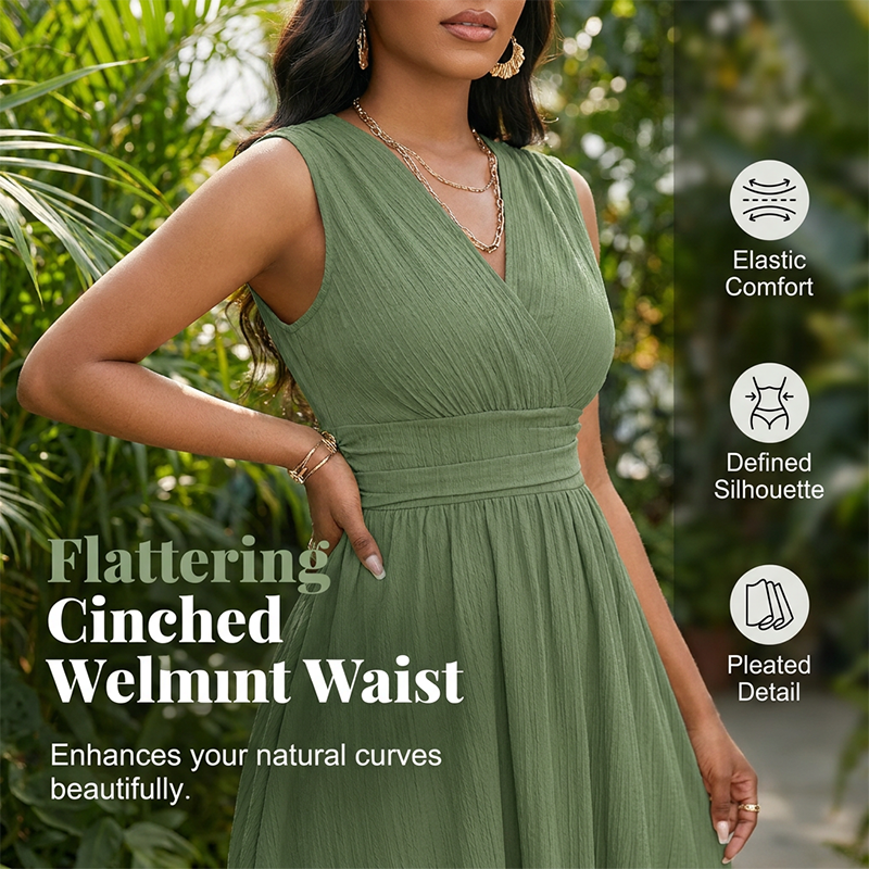💚 Elegantes ärmelloses V-Ausschnitt A-Linien Kleid ✨ Sommerliches Midi-Kleid mit Taillenbund für einen femininen Look