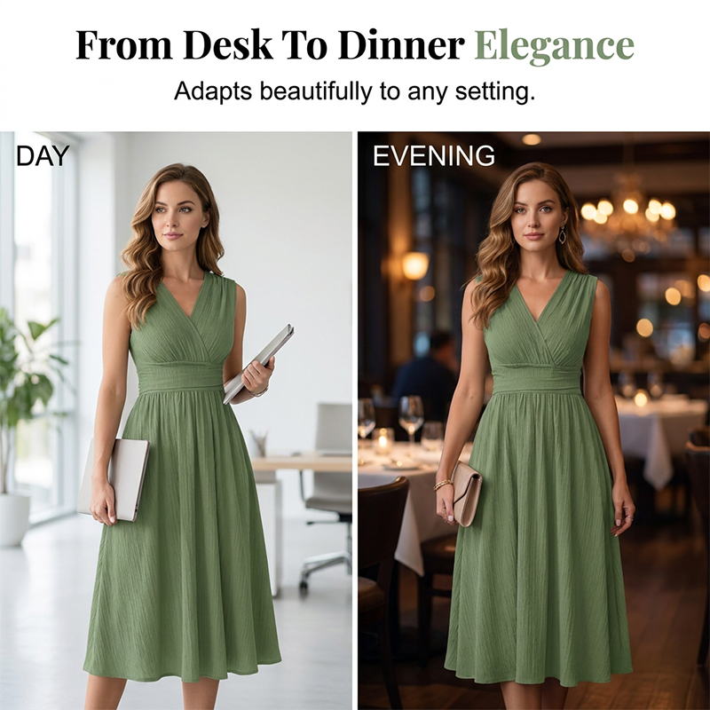 💚 Elegantes ärmelloses V-Ausschnitt A-Linien Kleid ✨ Sommerliches Midi-Kleid mit Taillenbund für einen femininen Look