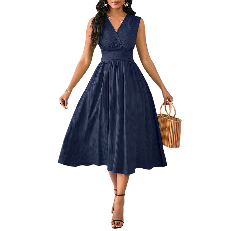 💚 Elegantes ärmelloses V-Ausschnitt A-Linien Kleid ✨ Sommerliches Midi-Kleid mit Taillenbund für einen femininen Look