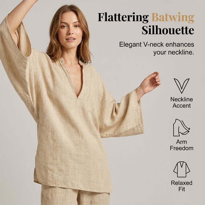 🌿 Lässiges Leinen-2-Teiler-Set ✨ Batwing-Ärmel & V-Ausschnitt für Sommer, Freizeit & Urlaub