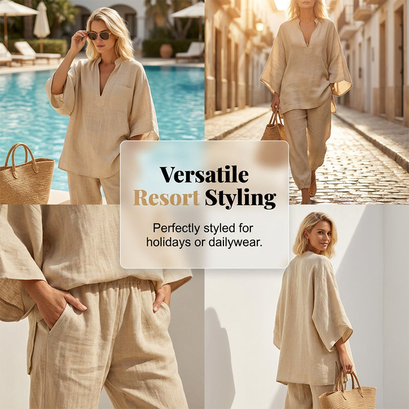 🌿 Lässiges Leinen-2-Teiler-Set ✨ Batwing-Ärmel & V-Ausschnitt für Sommer, Freizeit & Urlaub