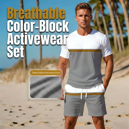 🏃‍♂️ Atmungsaktives Herren Sport & Freizeit Set ✨ Color-Block T-Shirt & Shorts für Fitness, Laufen & Alltag
