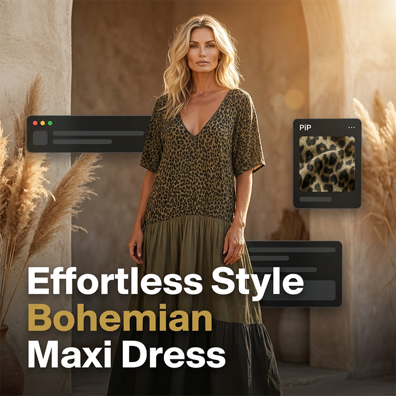Bohemian gestuftes Maxikleid mit Leopardenmuster