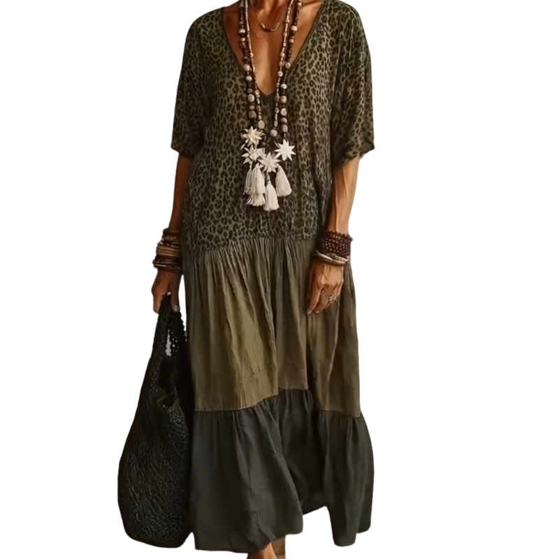 Bohemian gestuftes Maxikleid mit Leopardenmuster