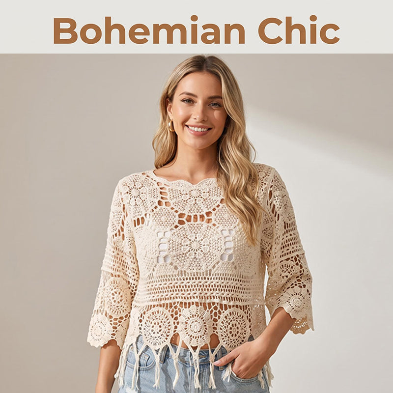 Bohemian Häkel-Top mit Lochmuster und Fransensaum