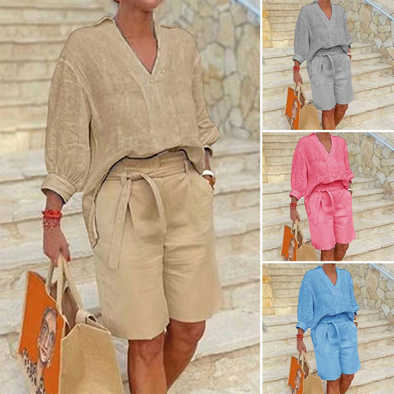 ⏰ Nur noch heute 50% Rabatt! 👚 Lässiges 2-teiliges Leinen-Set für Damen mit V-Ausschnitt Hemd & Taillenshorts mit Bindegürtel, atmungsaktiver Stoff in 4 Pastellfarben für Sommer, Urlaub & Alltag ✨