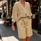 ⏰ Nur noch heute 50% Rabatt! 👚 Lässiges 2-teiliges Leinen-Set für Damen mit V-Ausschnitt Hemd & Taillenshorts mit Bindegürtel, atmungsaktiver Stoff in 4 Pastellfarben für Sommer, Urlaub & Alltag ✨