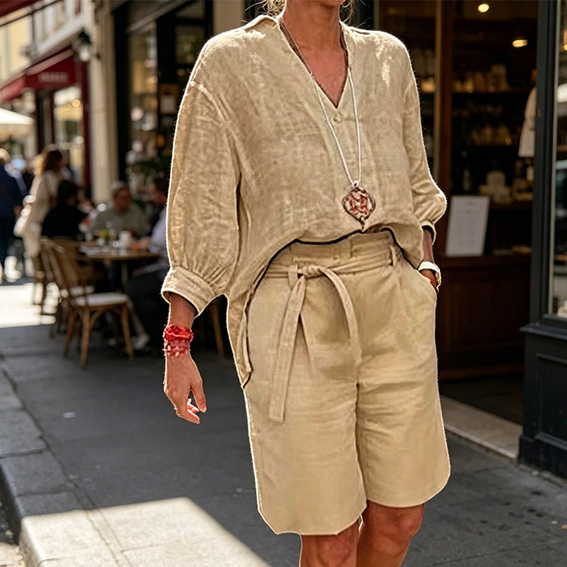 ⏰ Nur noch heute 50% Rabatt! 👚 Lässiges 2-teiliges Leinen-Set für Damen mit V-Ausschnitt Hemd & Taillenshorts mit Bindegürtel, atmungsaktiver Stoff in 4 Pastellfarben für Sommer, Urlaub & Alltag ✨