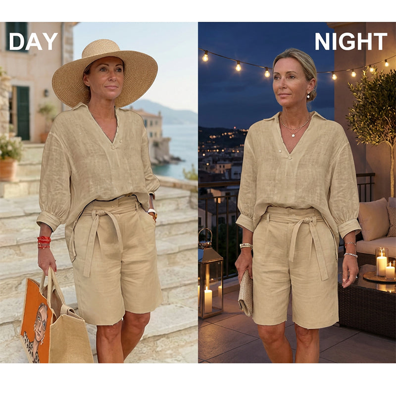 ⏰ Nur noch heute 50% Rabatt! 👚 Lässiges 2-teiliges Leinen-Set für Damen mit V-Ausschnitt Hemd & Taillenshorts mit Bindegürtel, atmungsaktiver Stoff in 4 Pastellfarben für Sommer, Urlaub & Alltag ✨