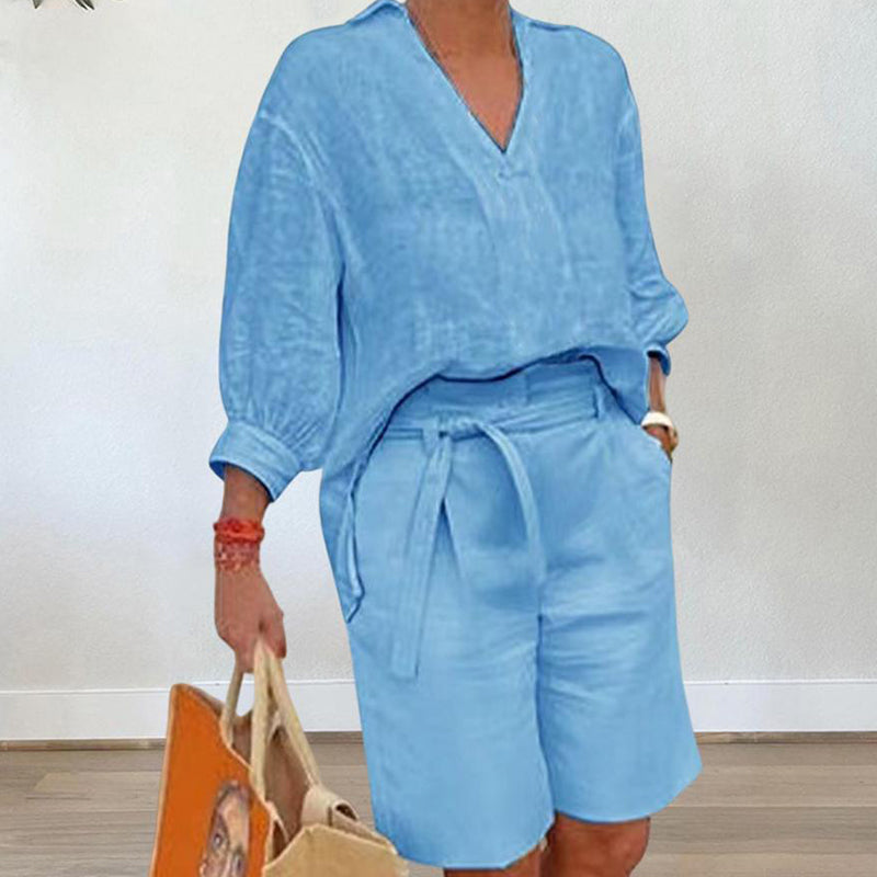 ⏰ Nur noch heute 50% Rabatt! 👚 Lässiges 2-teiliges Leinen-Set für Damen mit V-Ausschnitt Hemd & Taillenshorts mit Bindegürtel, atmungsaktiver Stoff in 4 Pastellfarben für Sommer, Urlaub & Alltag ✨
