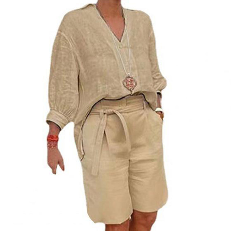 ⏰ Nur noch heute 50% Rabatt! 👚 Lässiges 2-teiliges Leinen-Set für Damen mit V-Ausschnitt Hemd & Taillenshorts mit Bindegürtel, atmungsaktiver Stoff in 4 Pastellfarben für Sommer, Urlaub & Alltag ✨