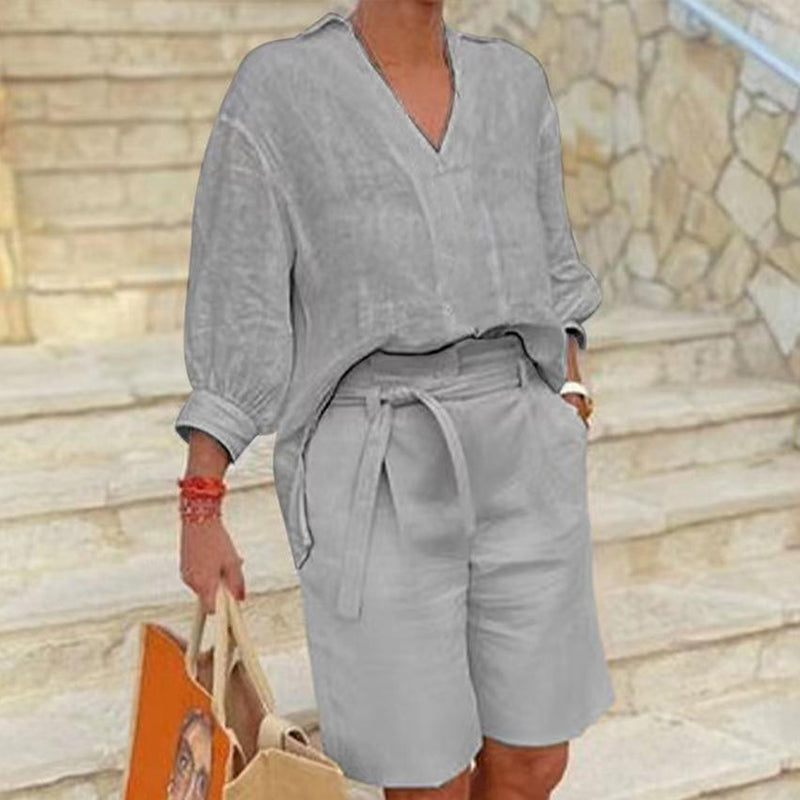 ⏰ Nur noch heute 50% Rabatt! 👚 Lässiges 2-teiliges Leinen-Set für Damen mit V-Ausschnitt Hemd & Taillenshorts mit Bindegürtel, atmungsaktiver Stoff in 4 Pastellfarben für Sommer, Urlaub & Alltag ✨