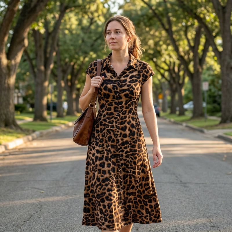 🐆 Nur noch heute 50% Rabatt! ✨ Damen Leo Maxikleid mit Kragen – figurbetonend, luftig & mit Taschen für Büro, Abend & besondere Anlässe