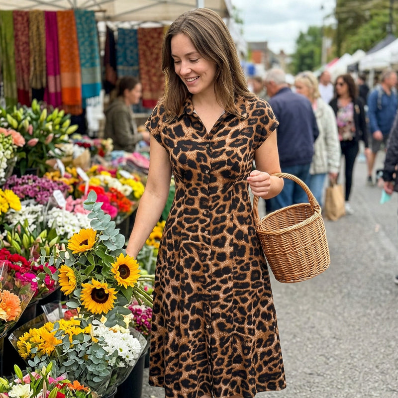 🐆 Nur noch heute 50% Rabatt! ✨ Damen Leo Maxikleid mit Kragen – figurbetonend, luftig & mit Taschen für Büro, Abend & besondere Anlässe