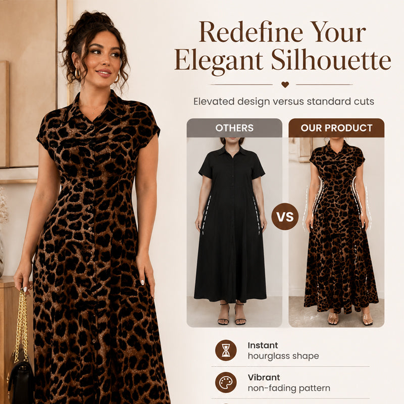 🐆 Nur noch heute 50% Rabatt! ✨ Damen Leo Maxikleid mit Kragen – figurbetonend, luftig & mit Taschen für Büro, Abend & besondere Anlässe