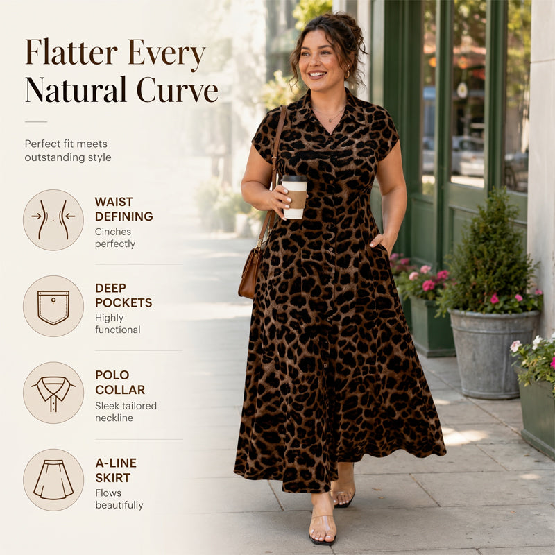 🐆 Nur noch heute 50% Rabatt! ✨ Damen Leo Maxikleid mit Kragen – figurbetonend, luftig & mit Taschen für Büro, Abend & besondere Anlässe