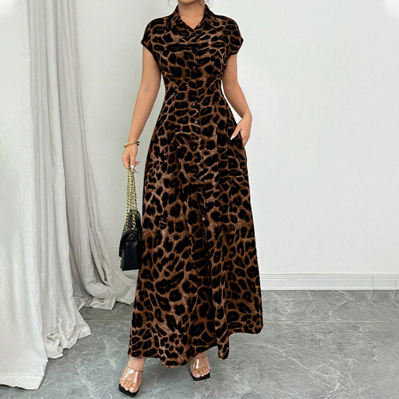🐆 Nur noch heute 50% Rabatt! ✨ Damen Leo Maxikleid mit Kragen – figurbetonend, luftig & mit Taschen für Büro, Abend & besondere Anlässe