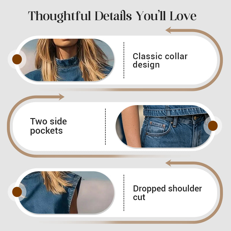 ⏰ Nur noch heute 50% Rabatt! 🧵 Damen Jeans-Set: Ärmelloser Stehkragen-Top & Hose | Lässiger City-Style, bequem & vielseitig für Sommer & Urlaub ✨