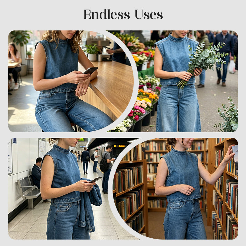 ⏰ Nur noch heute 50% Rabatt! 🧵 Damen Jeans-Set: Ärmelloser Stehkragen-Top & Hose | Lässiger City-Style, bequem & vielseitig für Sommer & Urlaub ✨
