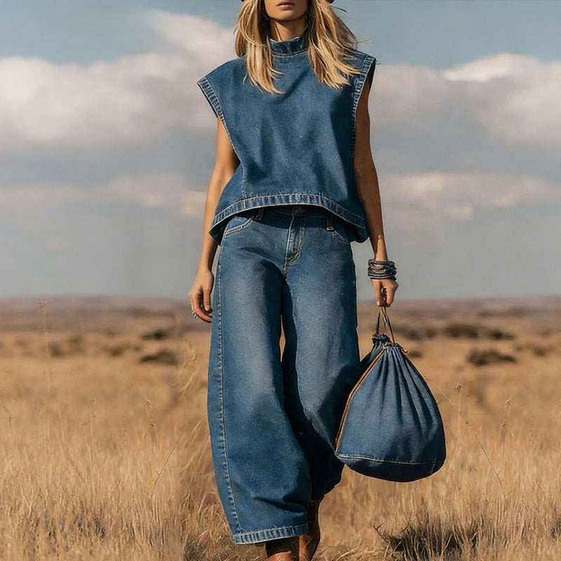 ⏰ Nur noch heute 50% Rabatt! 🧵 Damen Jeans-Set: Ärmelloser Stehkragen-Top & Hose | Lässiger City-Style, bequem & vielseitig für Sommer & Urlaub ✨