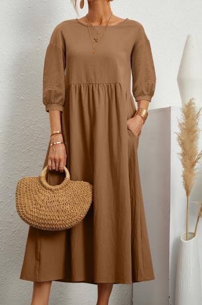 ⏰ Nur noch heute 50% Rabatt! 🌸 Damen Leinen-Baumwoll Maxikleid mit Ballonärmeln | Luftig locker geschnitten mit Seitentaschen, ideal für Sommer, Urlaub & Stadtbummel