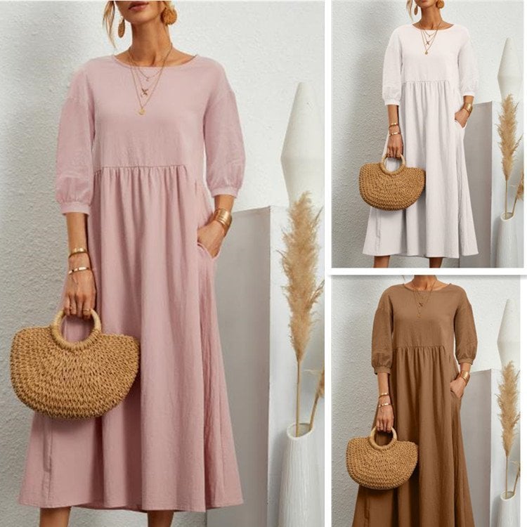 ⏰ Nur noch heute 50% Rabatt! 🌸 Damen Leinen-Baumwoll Maxikleid mit Ballonärmeln | Luftig locker geschnitten mit Seitentaschen, ideal für Sommer, Urlaub & Stadtbummel