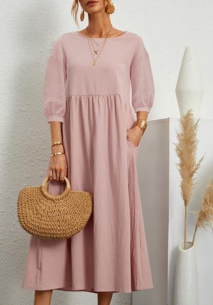 ⏰ Nur noch heute 50% Rabatt! 🌸 Damen Leinen-Baumwoll Maxikleid mit Ballonärmeln | Luftig locker geschnitten mit Seitentaschen, ideal für Sommer, Urlaub & Stadtbummel