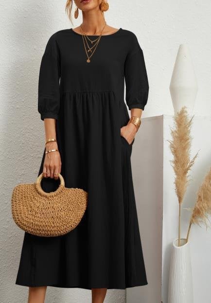 ⏰ Nur noch heute 50% Rabatt! 🌸 Damen Leinen-Baumwoll Maxikleid mit Ballonärmeln | Luftig locker geschnitten mit Seitentaschen, ideal für Sommer, Urlaub & Stadtbummel