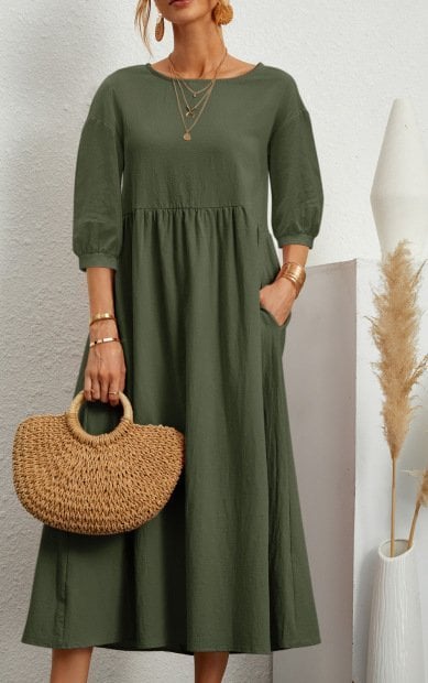 ⏰ Nur noch heute 50% Rabatt! 🌸 Damen Leinen-Baumwoll Maxikleid mit Ballonärmeln | Luftig locker geschnitten mit Seitentaschen, ideal für Sommer, Urlaub & Stadtbummel