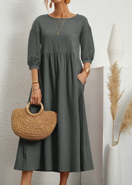 ⏰ Nur noch heute 50% Rabatt! 🌸 Damen Leinen-Baumwoll Maxikleid mit Ballonärmeln | Luftig locker geschnitten mit Seitentaschen, ideal für Sommer, Urlaub & Stadtbummel