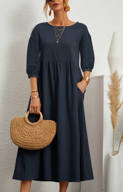 ⏰ Nur noch heute 50% Rabatt! 🌸 Damen Leinen-Baumwoll Maxikleid mit Ballonärmeln | Luftig locker geschnitten mit Seitentaschen, ideal für Sommer, Urlaub & Stadtbummel