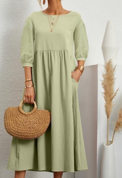 ⏰ Nur noch heute 50% Rabatt! 🌸 Damen Leinen-Baumwoll Maxikleid mit Ballonärmeln | Luftig locker geschnitten mit Seitentaschen, ideal für Sommer, Urlaub & Stadtbummel