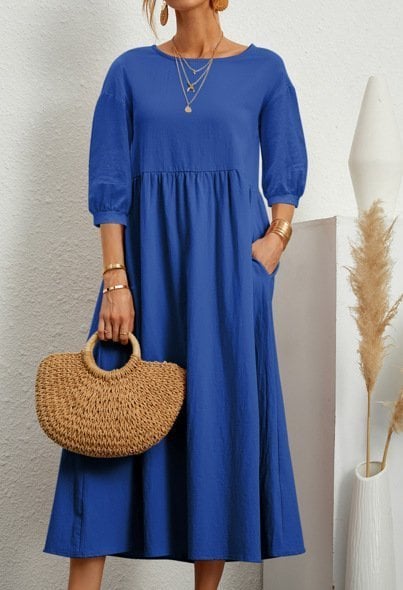 ⏰ Nur noch heute 50% Rabatt! 🌸 Damen Leinen-Baumwoll Maxikleid mit Ballonärmeln | Luftig locker geschnitten mit Seitentaschen, ideal für Sommer, Urlaub & Stadtbummel