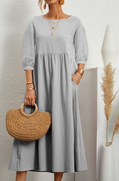 ⏰ Nur noch heute 50% Rabatt! 🌸 Damen Leinen-Baumwoll Maxikleid mit Ballonärmeln | Luftig locker geschnitten mit Seitentaschen, ideal für Sommer, Urlaub & Stadtbummel